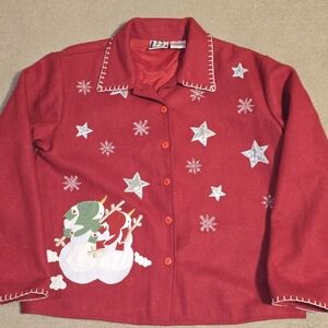 TAKE TWO WOOL BLEND CHRISTIMAS LINED JACKET SNOWMAN VINTAGE  RED WOMENS LARGE